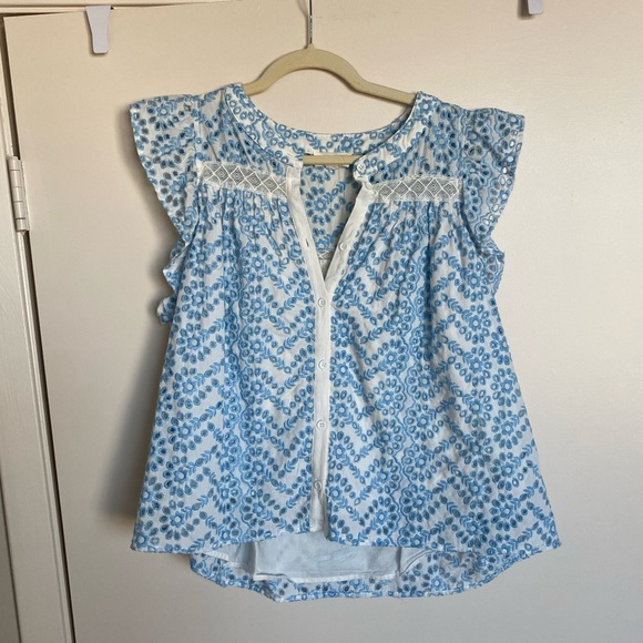 Floral Eyelet Embroidered Button-Up Blouse - Light Blue & White Sleeve - Picture 1 of 6